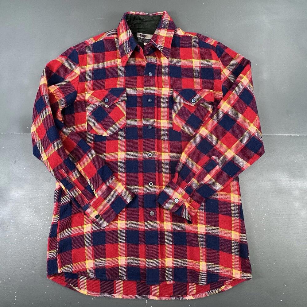 VTG Shadow Plaid Flannel Shirt Mens Medium Blue Red Yellow Western VIP Brand